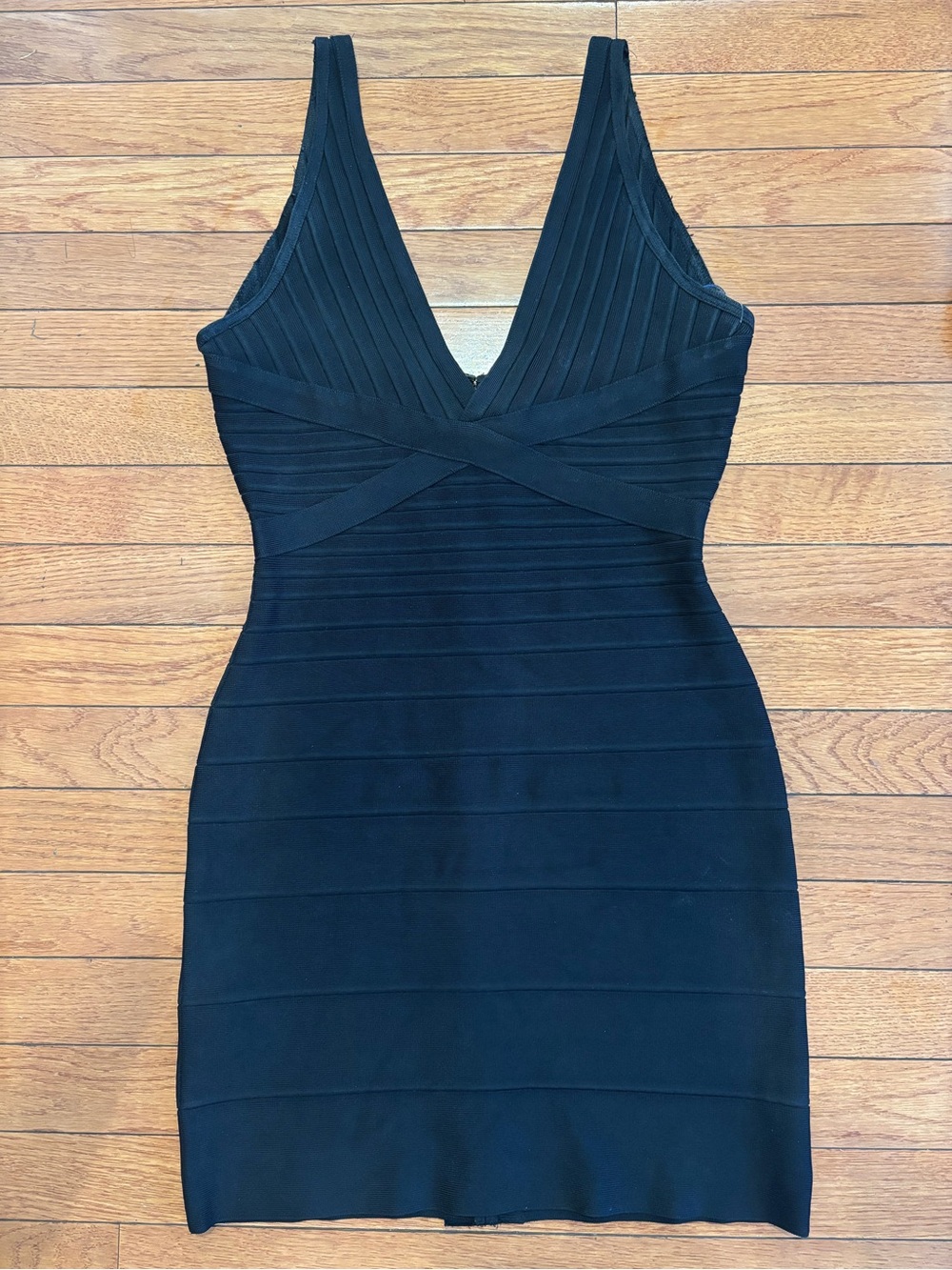 Herve Leger Black Ribbed V-Neck Bandage Mini Dress
